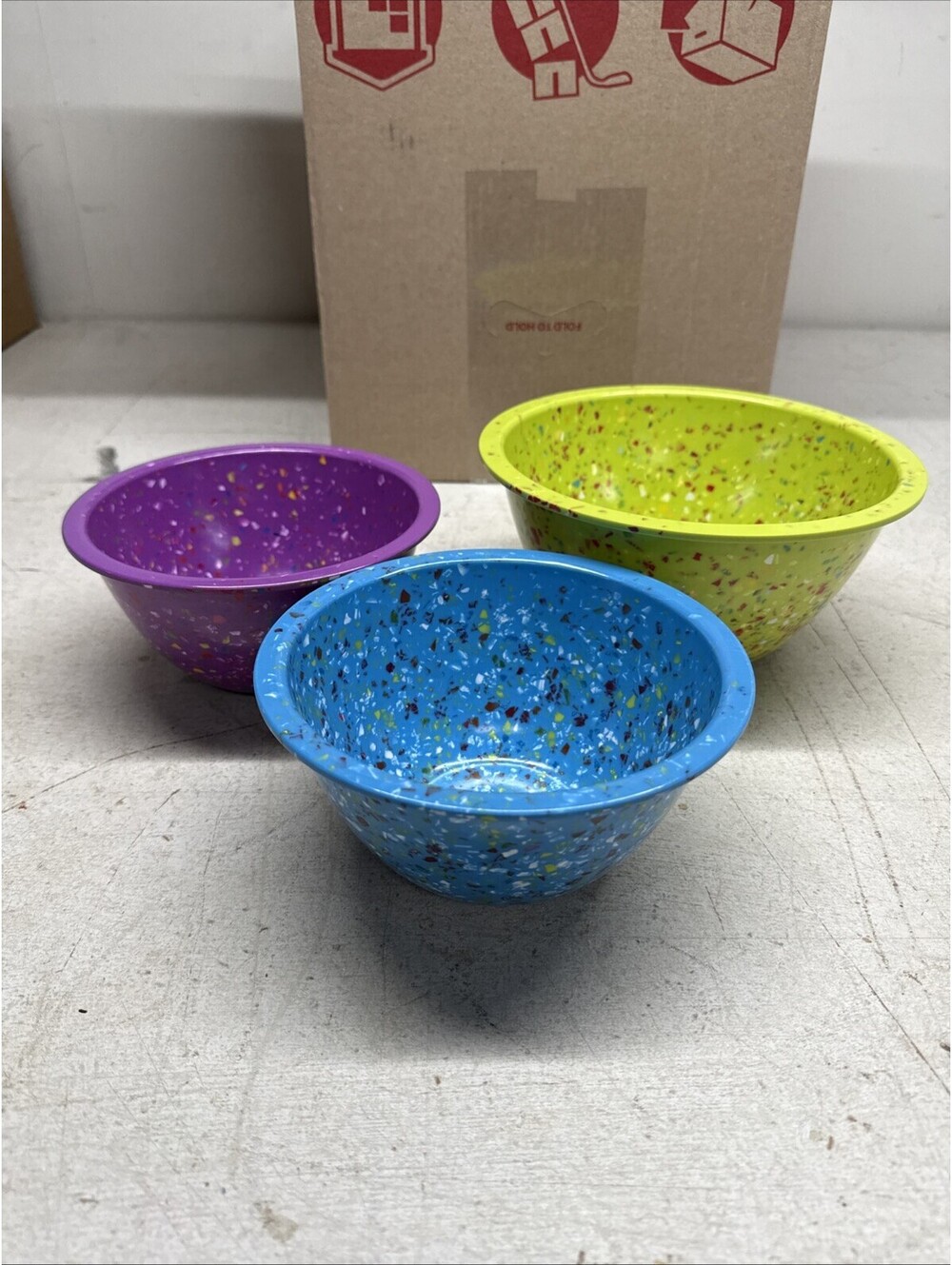 Zak! Designs 3Pc Confetti Melmac Plastic Nested Mixing Bowls Lime Blue Purple